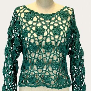 Crochet open hole top long sleeve dark moody green floral rosette rose boho